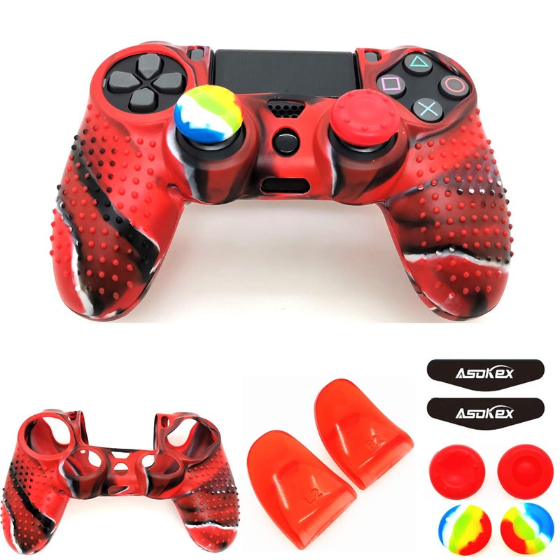 Asokex Silicone Skin Cover for Ps4 Controller (1pc Anti-Slip Case, 1 Pair L2 R2 Trigger Extender, 4pcs Thumb Grips,4pcs LED Light Bar Decal) Protector for DualShock PS4/ Slim/Pro Controller (red granular) - Image 1